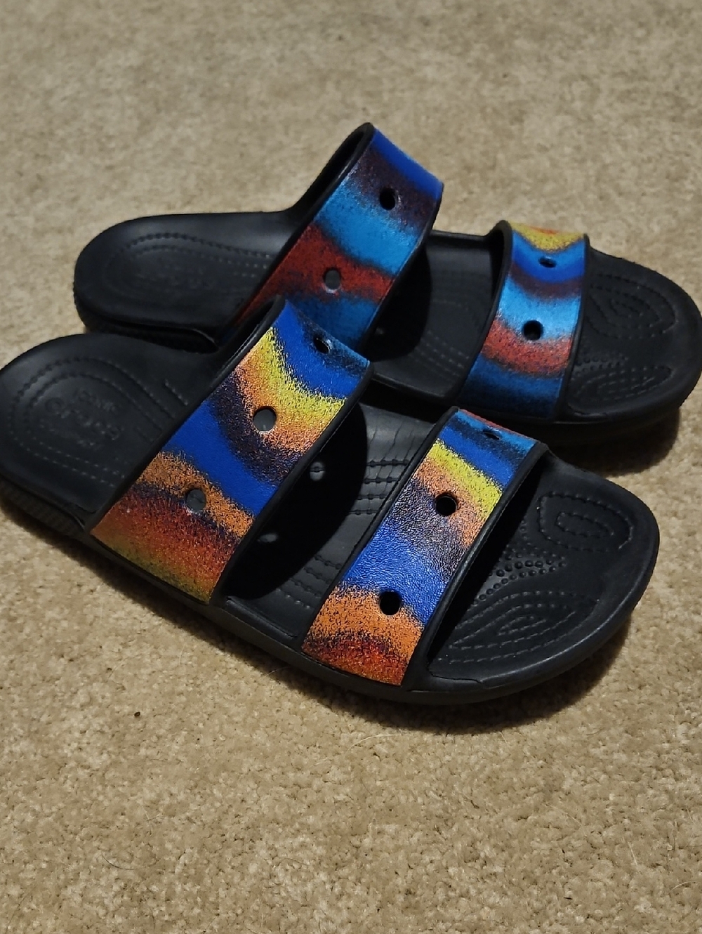 CROCS Double-Strap Slides with Rainbow Stripes on Black